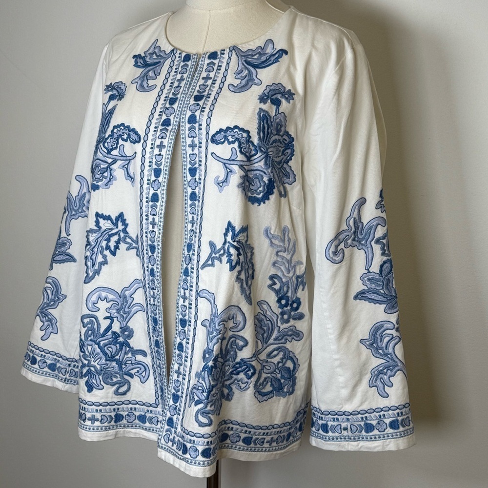 J.Jill Lightweight Embroidered Open Front Jacket 3/4 Sleeve Women’s Size Medium - Picture 2 of 12